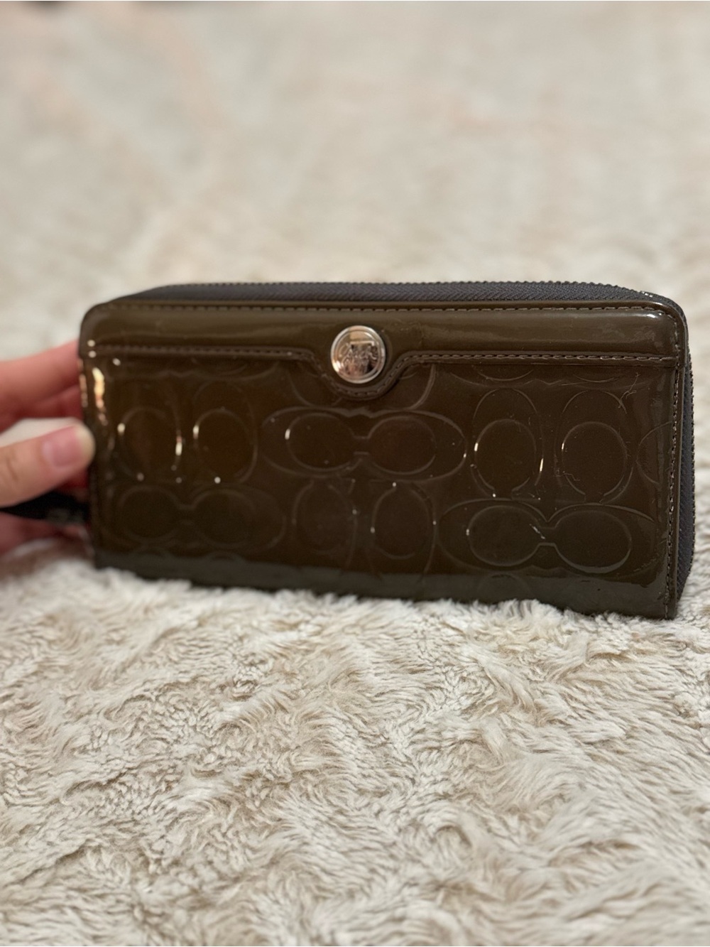 Coach Merlot Peyton Signature Embossed Patent Leather Wristlet / Wallet 8”x4”x1”